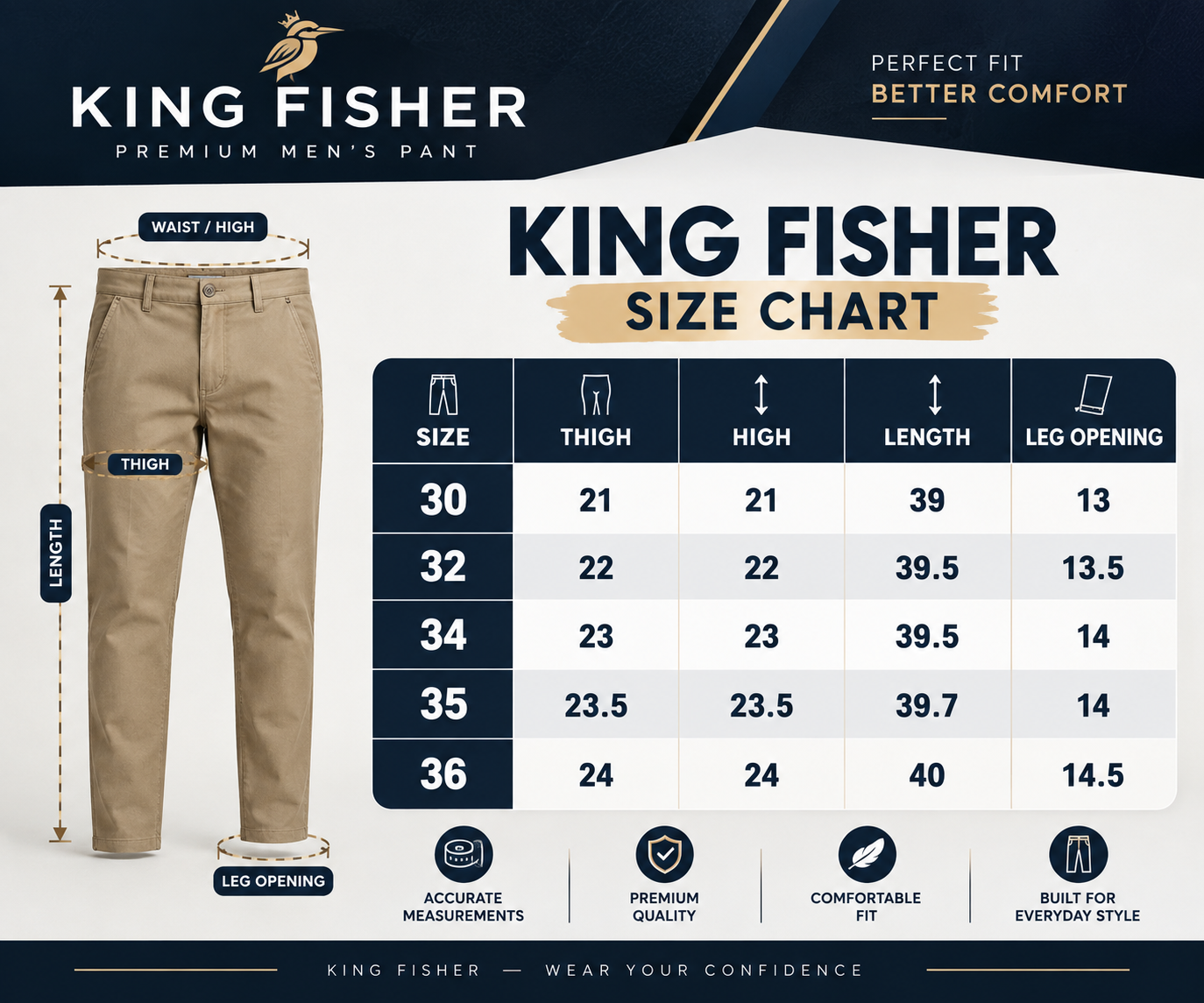 Size chart for Kingfisher Z Black Denim