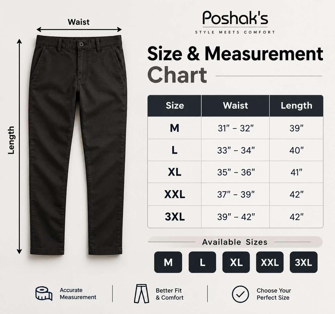 Size chart for HUGO BOSS FORMAL TROUSER 2PCS COMBO [BLACK & OLIVE]